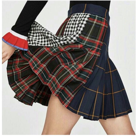 Zara Dresses & Skirts - Zara Pleated Mixed Print Check Mini Skirt Sz M